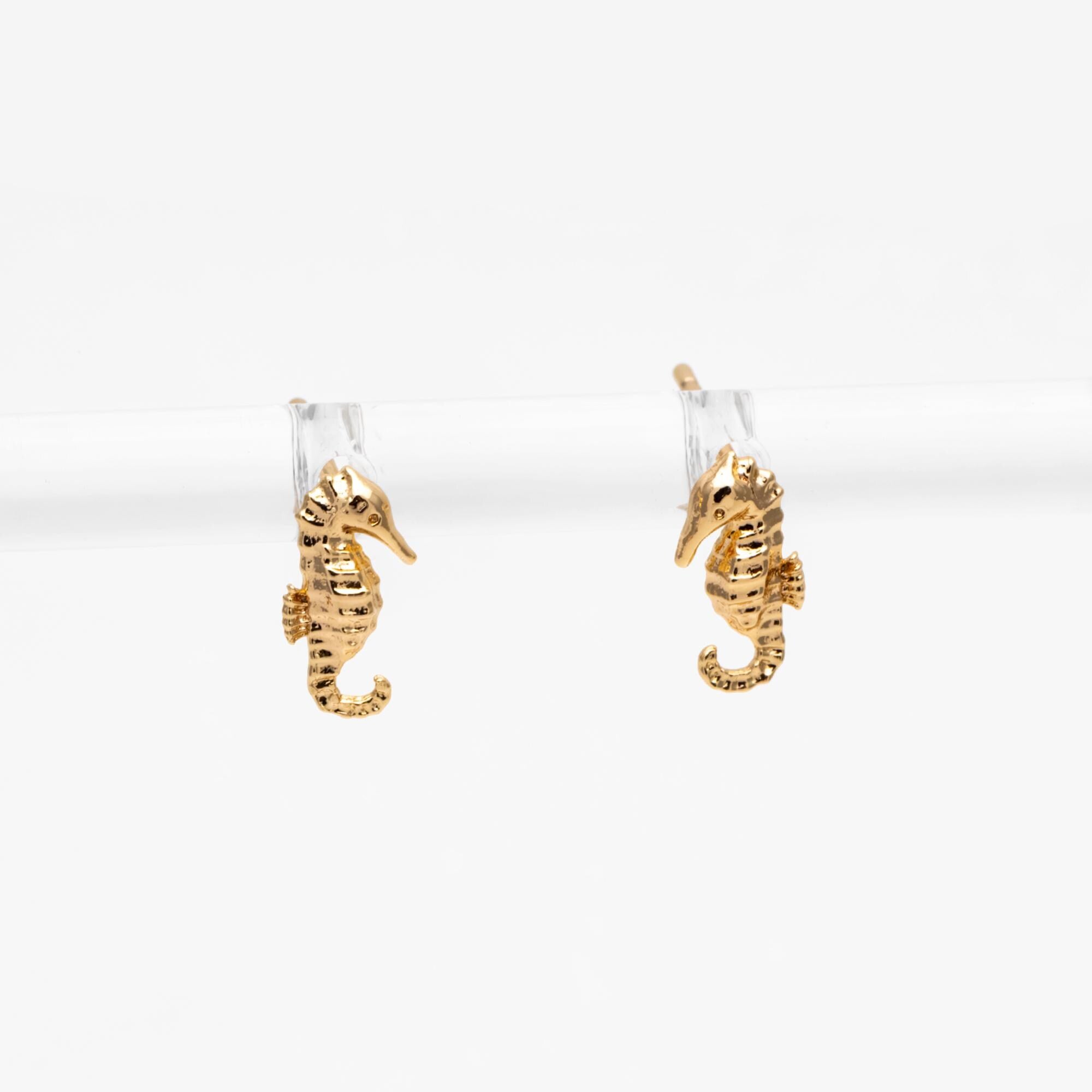 10pcs Gold/ Silver Sea Horse Earrings, 18K Real Gold/ Rhodium plated Brass, Cute Ocean Stud Earrings (GB-4460-D)